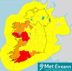 Map of Ireland showing in orange and red the counties under weather warning status, Cork, Waterford, Kerry, Clare, Galway, Mayo and Leitrim.