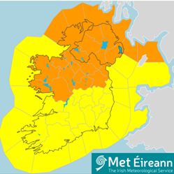 map of Ireland showing counties coloured in orange affected by wind weather warnings related to storm Eowyn