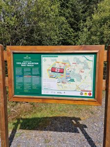 Picture of a sign showing a ma[p pf the mountain bike trails at Coolaney forest and outlining an area closed for forest operations