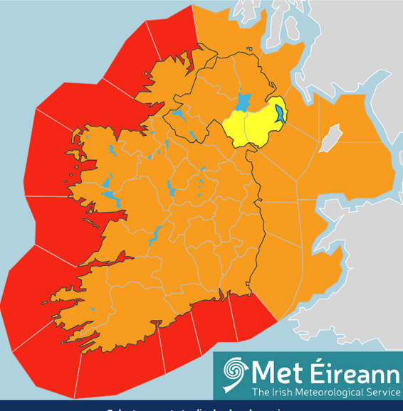 Map of Ireland showing counties shaded in orange and yellow for wind weather warnings