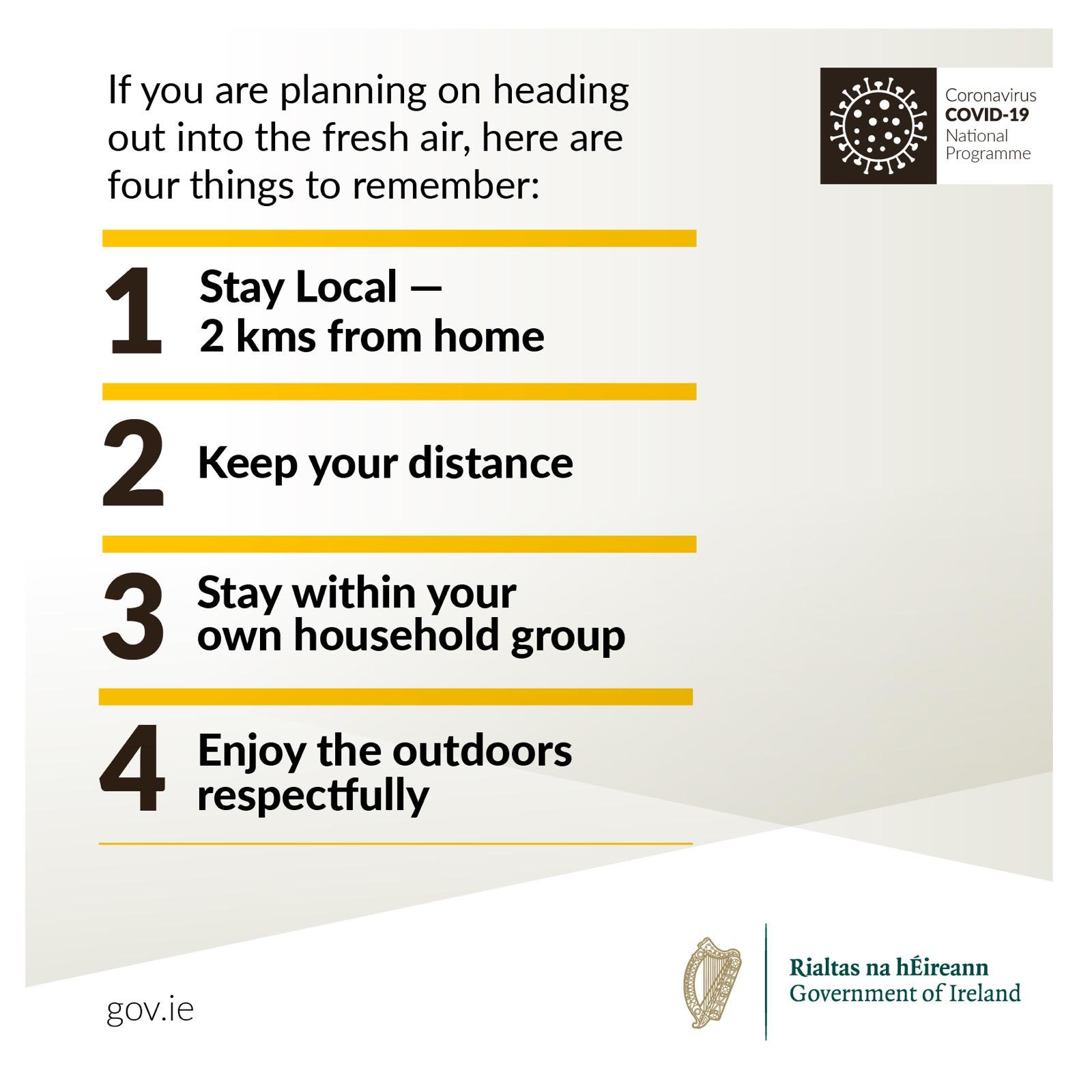 Covid-19 and the Outdoors picture telling people to stay local, keep their distance, stay with your won group and use the outdoors respectfully during covid-19
