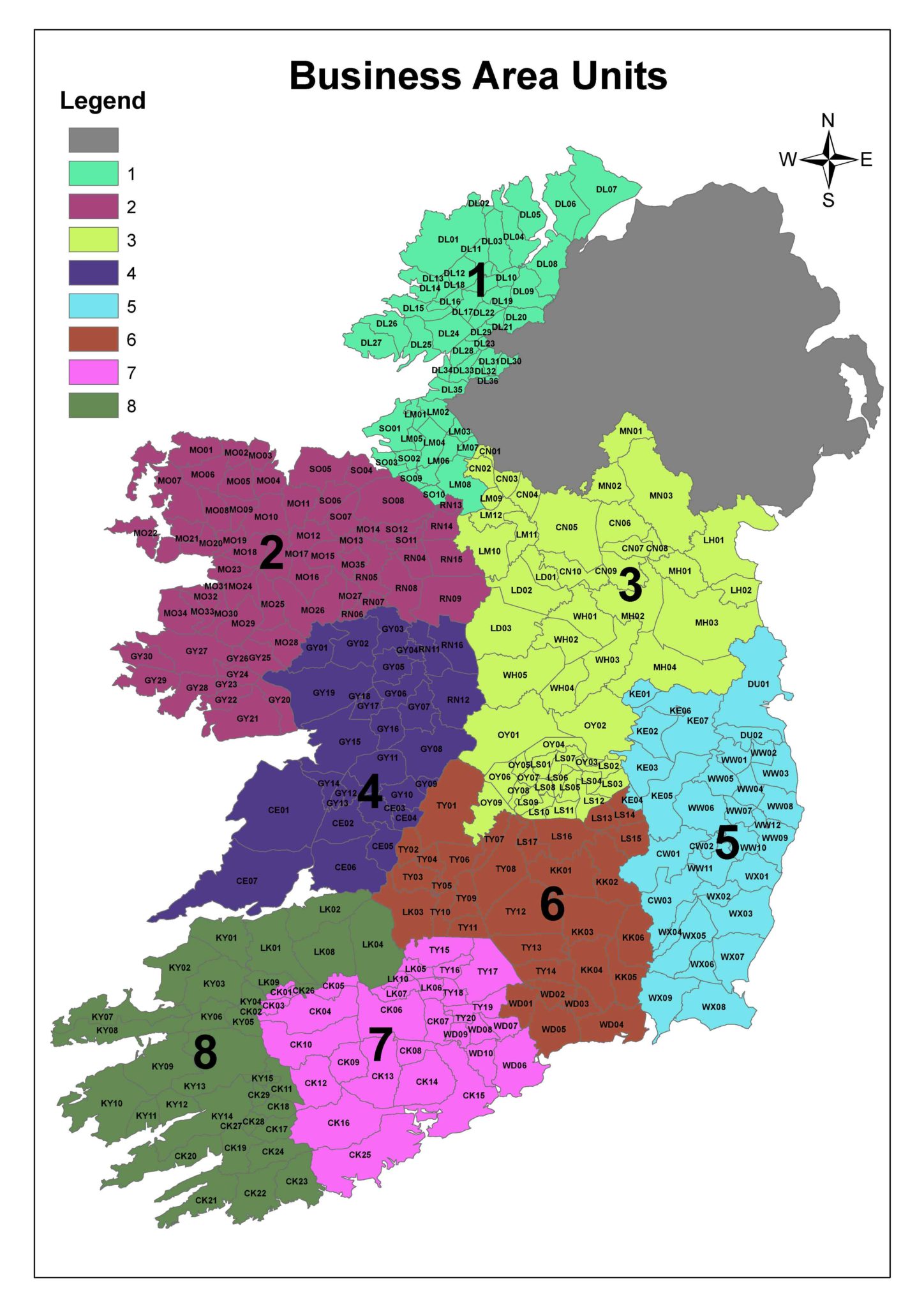 Map of Ireland Showing Coillte's Business Area Units