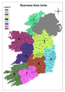 Map of Ireland showing location of Coillte's Business Area Units