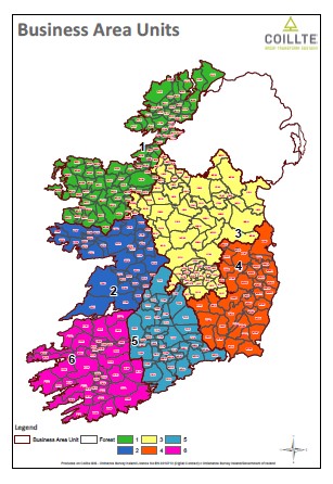 Map of Ireland showing Coillte's 6 BAUS