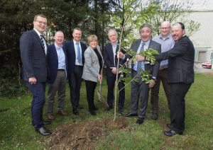 Picture of 08/04/2019 Mary Butler TD (Waterford) about to plant a tree at Smartply, Belview Port, Waterford prior to a tree planting ceremony to mark National Tree Week 2019 in the company of from L-R, John Paul Phelan, Minister of State, Department of Housing, Planning and Local Government with special responsibility for Local Government and Electoral Reform, Pat Beardmore, COO, Medite Smartply, Neil Foot, Managing Director, Medite Smartply, Pat Trihy, Finance and Procurement, Smartply, John Halligan, Minister of State, Department of Enterprise and Innovation, and the Department of Education and Skills with special responsibility for Training, Skills, Innovation, Research and Development, Pat Breen, Operations Manager, Smartply and Pat Neville, Communications Manager, Coillte. Picture:Noel Browne