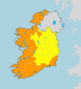 Map of Ireland showing weather waning colours by county