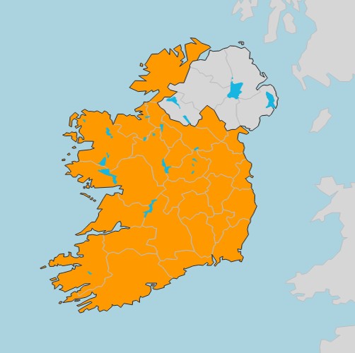 Storm Brendan orange warning Map of Ireland with all counties shaded orange