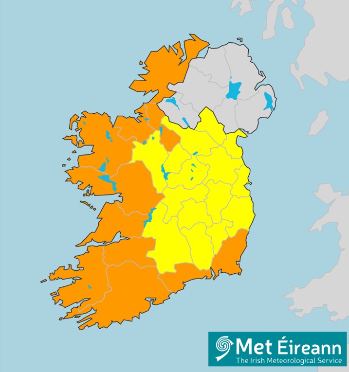 Map of Ireland showing western and southern counties at risk of high winds from storm Dennis