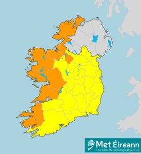 Picture showing map ofireland with couonties affected by storm jorge