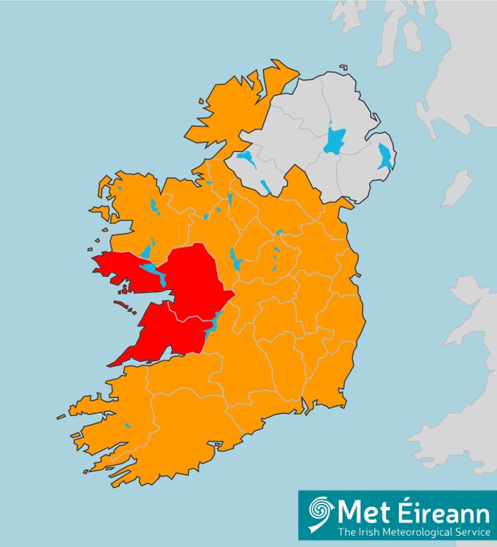 map of ireland showing red warning for storm jorge