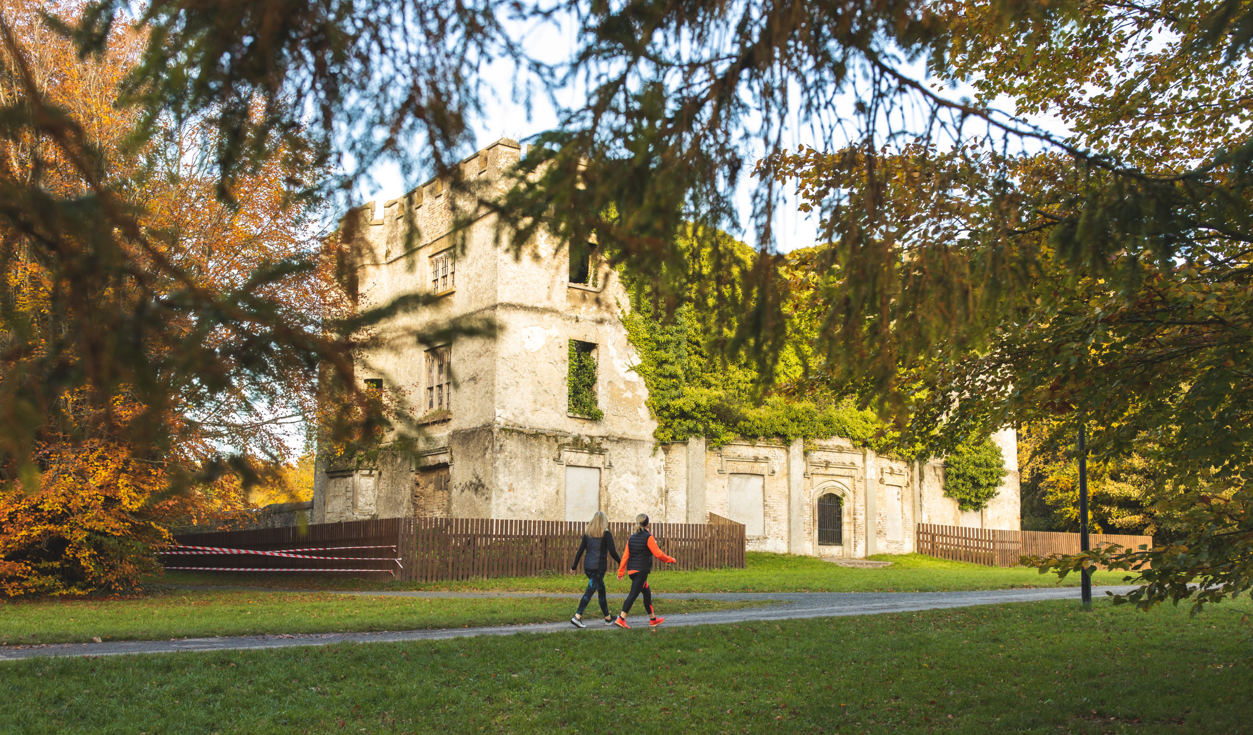 Picture of walkers passing a ruined castle in Coillte's Donadea Forest Park Kildare