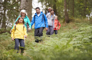 Multi generation family walking in line downhill on a trail in a forest during a camping holiday