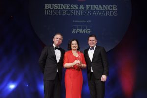 Photographed at the 2022 Business & Finance Awards in association with KPMG: Imelda Hurley, recipient of the Business Person of the Year Award presented by Seamus Hand, Managing Partner of KPMG Ireland (right) with Ian Hyland, Business & Finance.