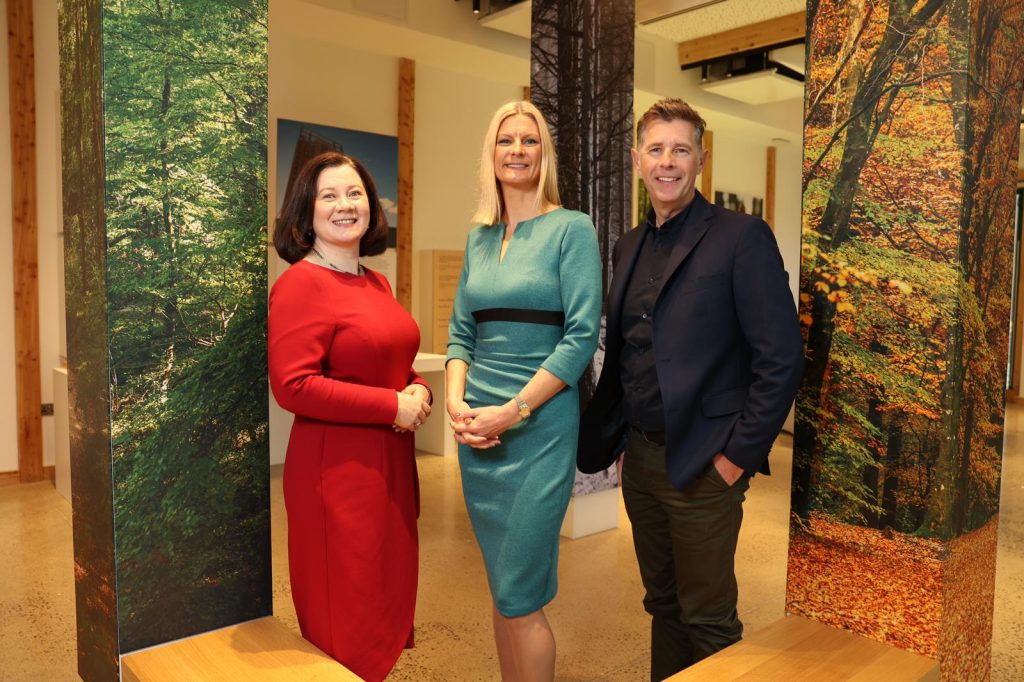 Imelda Hurley, CEO Coillte, Minister Pippa Hackett and Dermot Bannon at the Build With Wood Event, Avondale 2023.