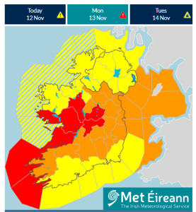 Storm Debi, counties of Ireland showing red and orange wind weather warnings