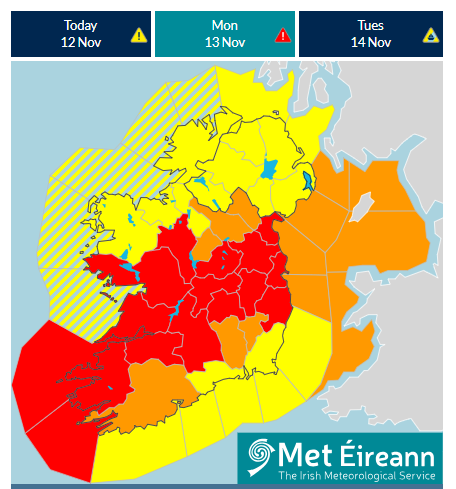 Storm Debi, counties of Ireland showing red and orange wind weather warnings