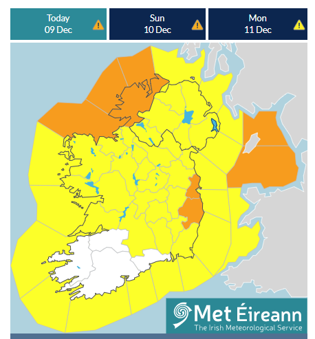 Storm Elin, map of Ireland showing counties donegal, dublin and wicklow marked orange