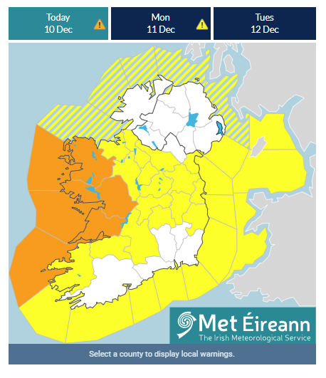 Storm Fergus, map of Ireland showing counties Clare, Galway and Mayo marked orange for weather warning