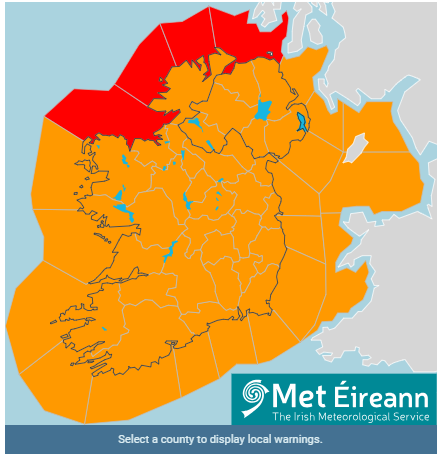 Map of Ireland with ocunties shaded in orange showing weather warning for storm Isha