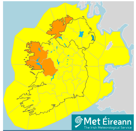 Map of Ireland with counties Donegal, Mayo and Galway shaded in orange showing weather warning for storm Jocelyn