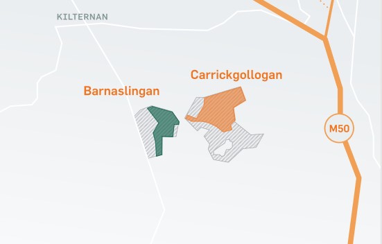 Map of forests at Carrickgollogan and Barnaslingan showing wher forest operations will occur