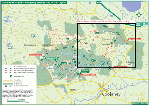Map of mountain bike trail through a forest in Coolaney County Sligo
