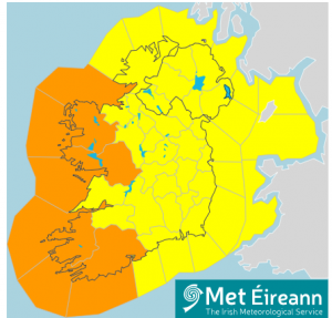 Map of Ireland showing Counties Cork, Kerry, Mayo and Galway along the west coast coloured orange for a wind weather warning