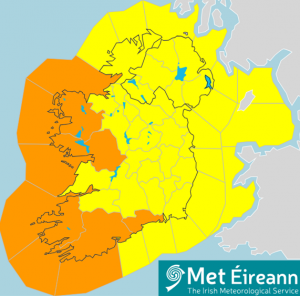 Map of Ireland showing Counties Cork, Kerry, Mayo, waterford and Galway along the west and south coast coloured orange for a wind weather warning