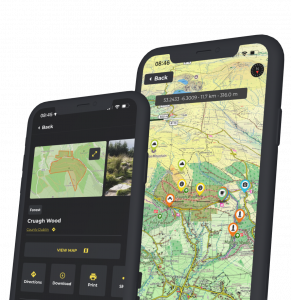 Picture of the Hiiker App in use showing a map of Coillte's Cruagh forest