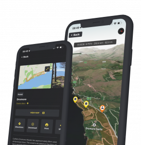Picture of the Hiiker App in use showing a map of Coillte's Dromore forest