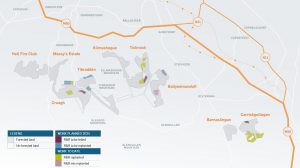 Map of the Dublin mountains forests showing selected areas where forest operations, notably tree felling and replanting will occur.