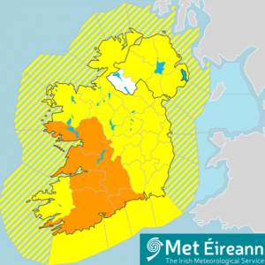 Map of Ireland showing in orange the counties under a status orange snow warning, cork, waterford, clare, limerick, galway and tipperary