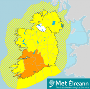 Map of Ireland showing in orange the counties under a status orange snow warning, cork, waterford, clare, limerick and tipperary