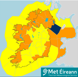 Map of Ireland showing in orange the counties affected by wind weather warnings.