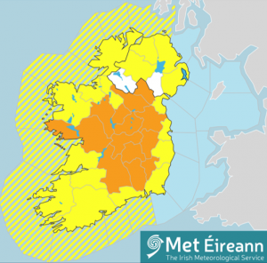 map of Ireland showing counties coloured in orange affected by low temperature / ice weather warnings