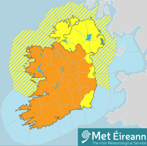 map of Ireland showing counties coloured in orange affected by low temperature / ice weather warnings