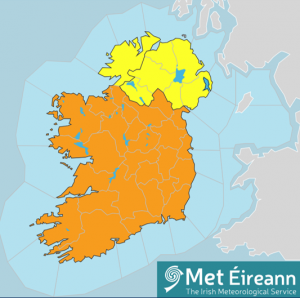 map of Ireland showing counties coloured in orange affected by low temperature / ice weather warnings
