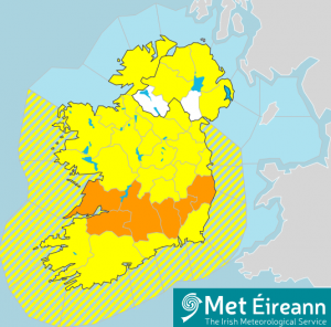 Map of Ireland showing orange weather warning in place for counties Clare, Limerick, Tipperary, Kilkenny, Carlow and Wicklow