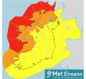 Map of Ireland showing counties shaded in orange and yellow for wind weather warnings