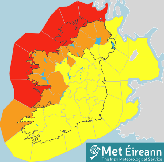 Map of Ireland showing counties shaded in red, orange and yellow for wind weather warnings