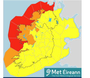 Map of Ireland showing counties shaded in orange and yellow for wind weather warnings
