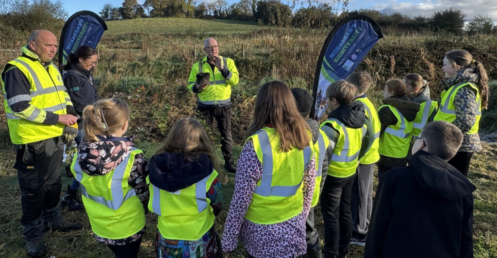 Michael Carroll, Horticulturist, Monaghan County Council; Sinead McKinley and Ruairi Duffy, Monaghan County Council; with pupils from Annyalla National School and Clontibret National School, who helped plant specimen trees to mark the completion of the woodland creation project at Scotch Corner