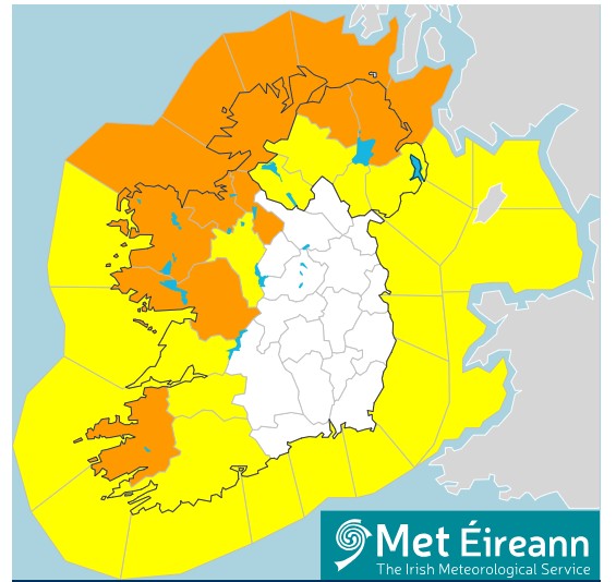 Map of Ireland showing counties coloured in orange and yellow for weather warnings associated with storm boelo